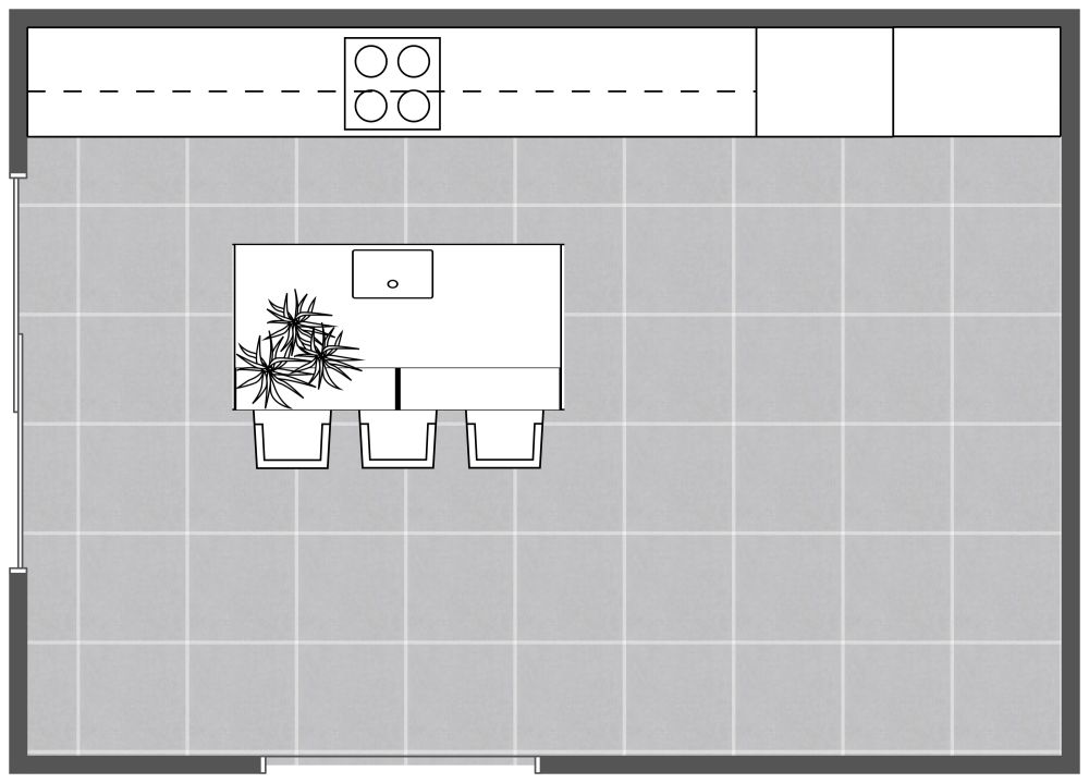 Küche an einer Wand mit Insel 2D Grundrisse