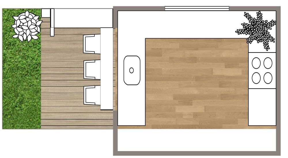 U-förmige Küche mit Durchreiche auf die Terrasse 2D Grundrisse