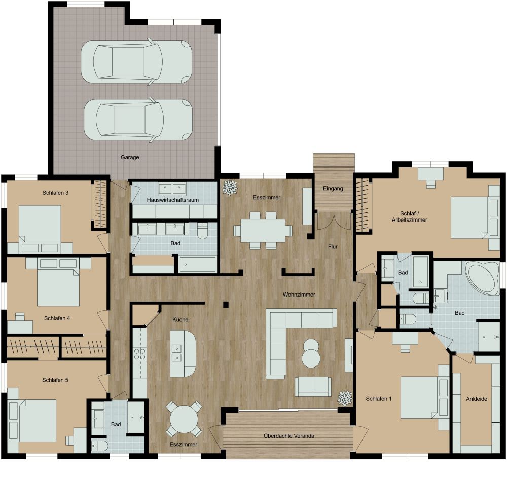 Geräumiger Grundriss für ein Haus mit 5 Schlafzimmern 2D Grundrisse