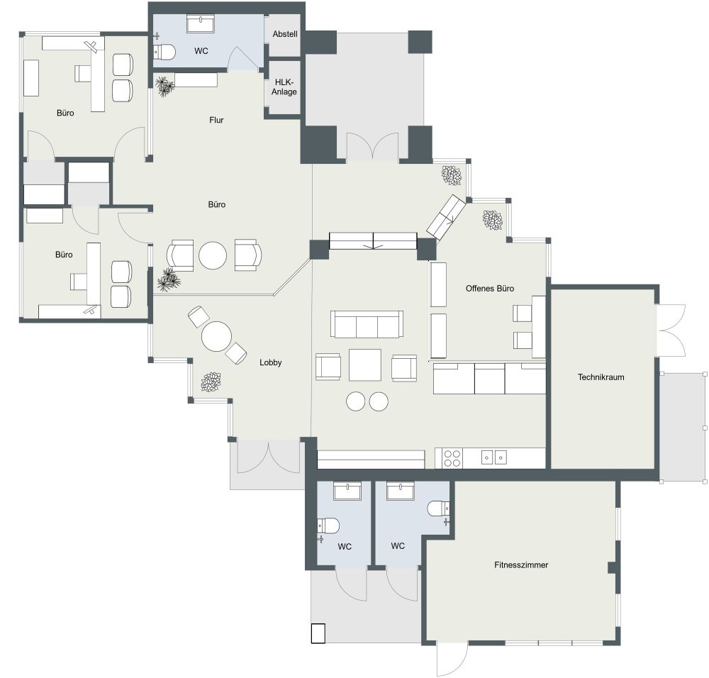 Grundriss für ein modernes Büro 2D Grundrisse