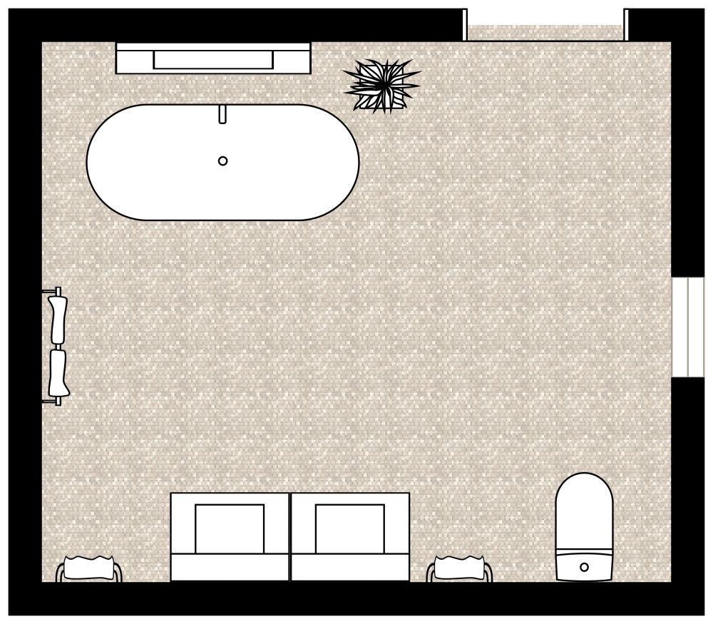 Großes Badezimmer mit dunklen Wänden 2D Grundrisse