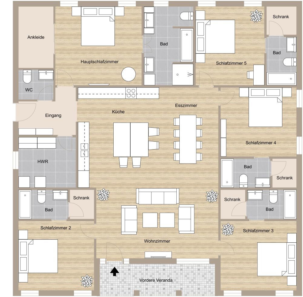 Quadratischer Grundriss für ein Haus mit großzügiger Küche 2D Grundrisse