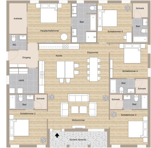 Quadratischer Grundriss für ein Haus mit großzügiger Küche