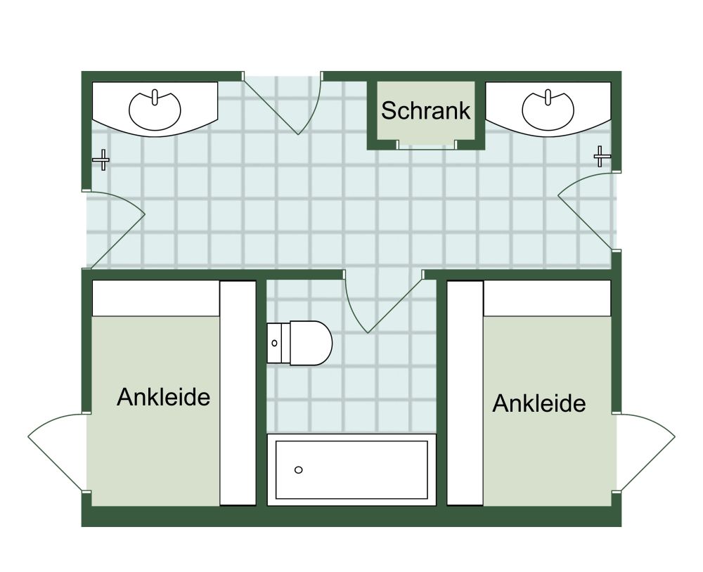Badezimmer mit zwei Türen und separatem Waschbecken 2D Grundrisse