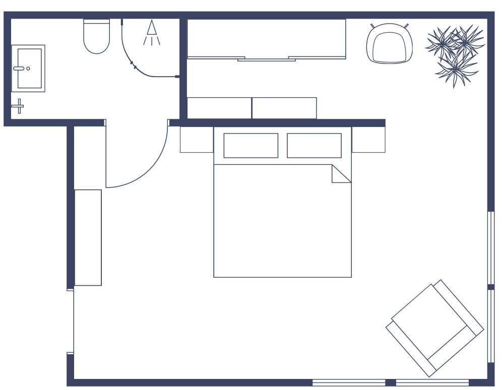 Schlafzimmerdesign mit lila Farben 2D Grundrisse