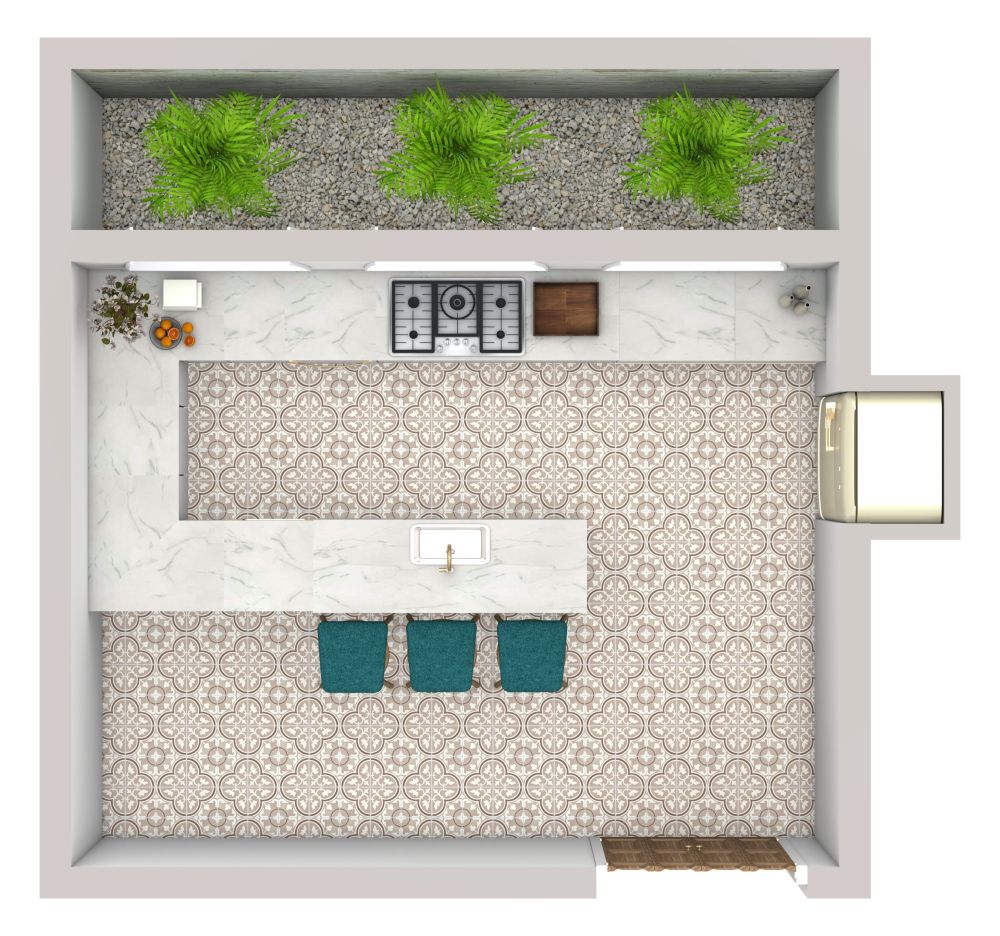 Küche mit Halbinsel im tropischen Stil