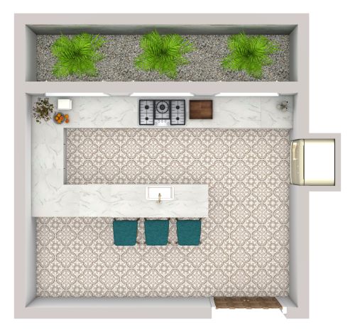 Küche mit Halbinsel im tropischen Stil