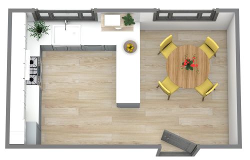 Küche mit Halbinsel und rundem Esstisch