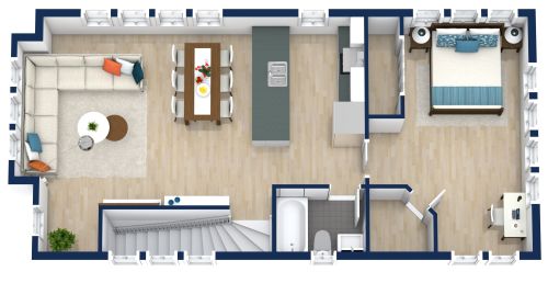 Grundriss für eine Garagenwohnung mit 1 Schlafzimmer