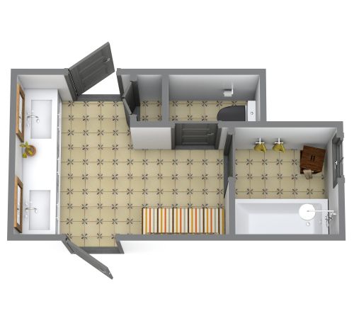 Grundriss-Design für ein Badezimmer mit zwei Türen