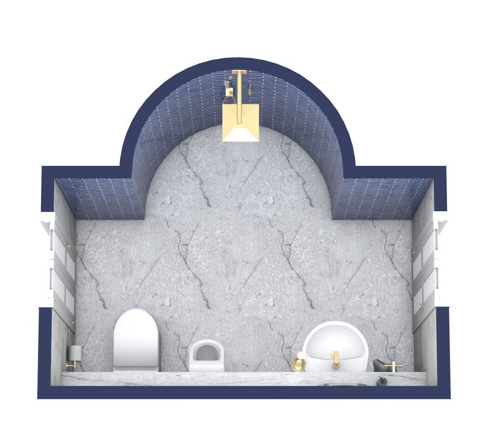 Badezimmer mit blauen Wandfliesen und zwei Türen