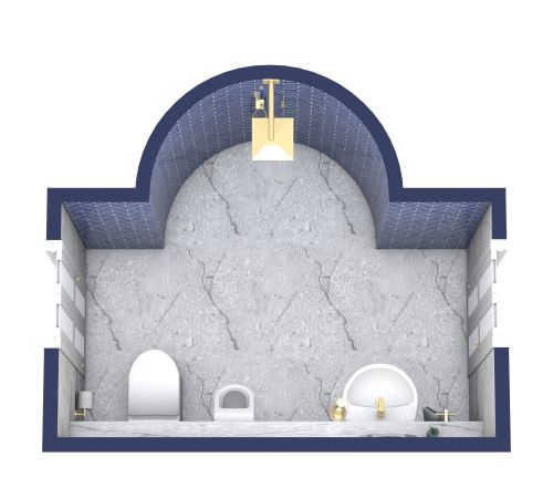 Badezimmer mit blauen Wandfliesen und zwei Türen