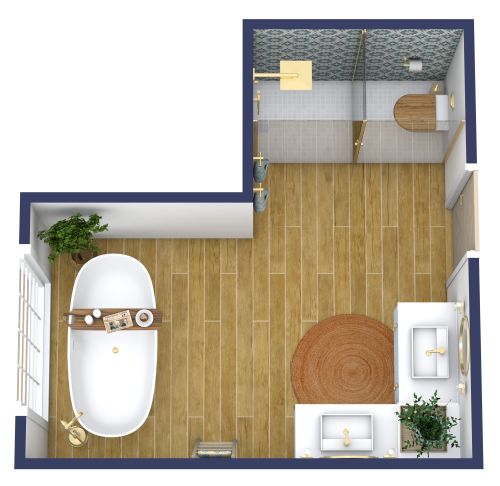 L-förmiges Badezimmer im Strandstil