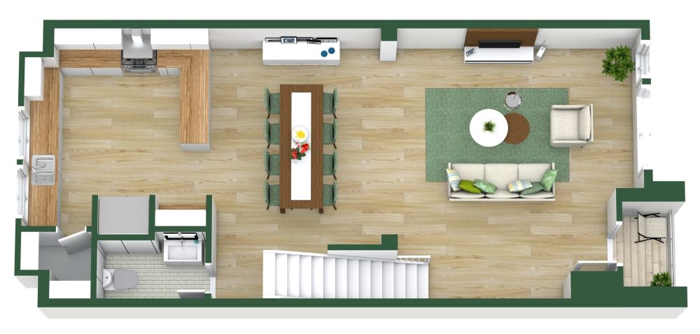 Grundriss mit großer Küche und Doppelgarage