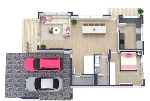 Grundriss für ein stilvolles Haus mit 5 Schlafzimmern und rosa Details