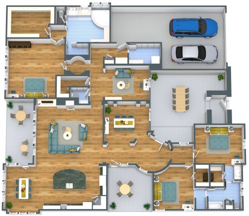 Grundriss für ein Haus mit 3 Schlafzimmern und Außenbereichen