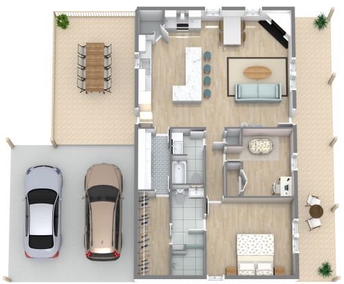 Hausplan mit 2 Schlafzimmern und Carport