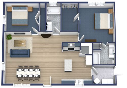 Grundriss mit 2 Schlafzimmern und 2 Bädern