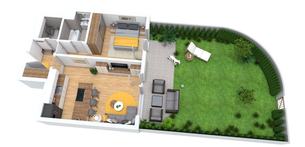 Kleines Haus mit einem Schlafzimmer und Garten