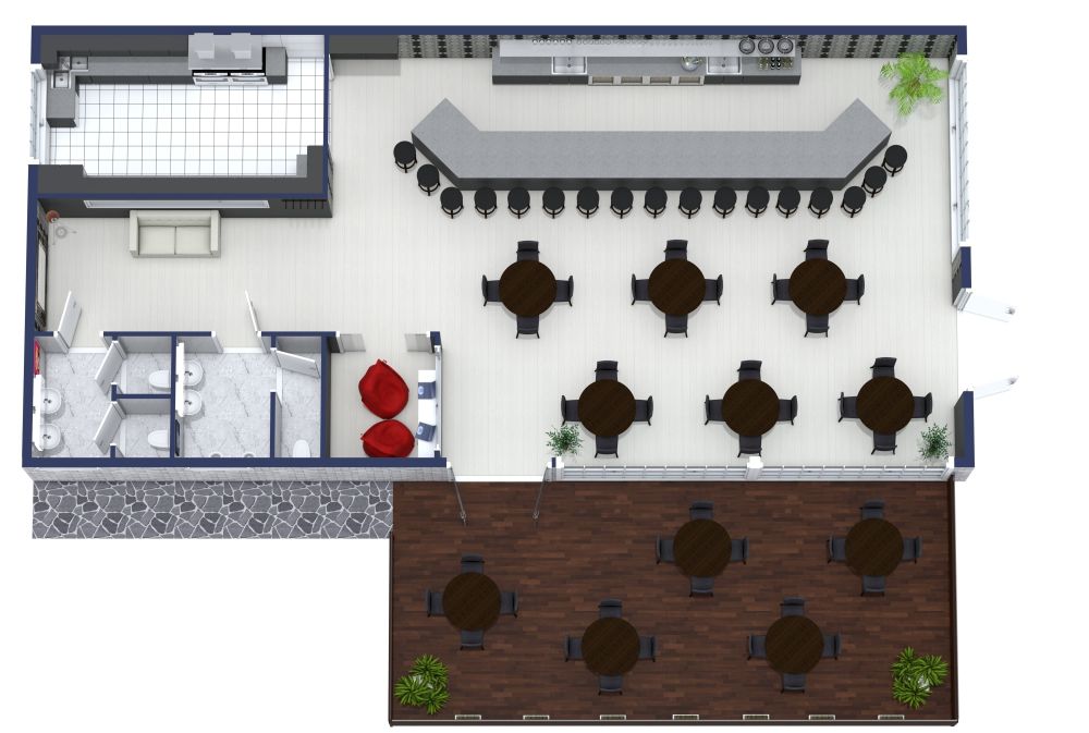 Bar mit Essbereich und DJ-Stand