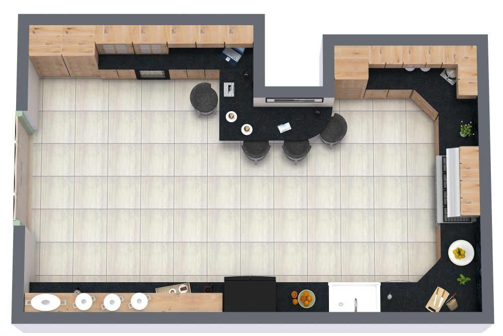 Trendy Kitchen Layout with Breakfast Bar