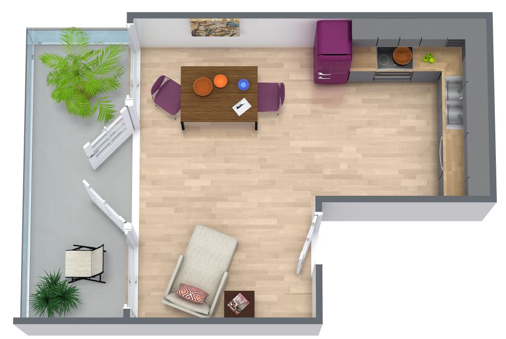 L-Shaped Kitchen Floor Plan with Balcony