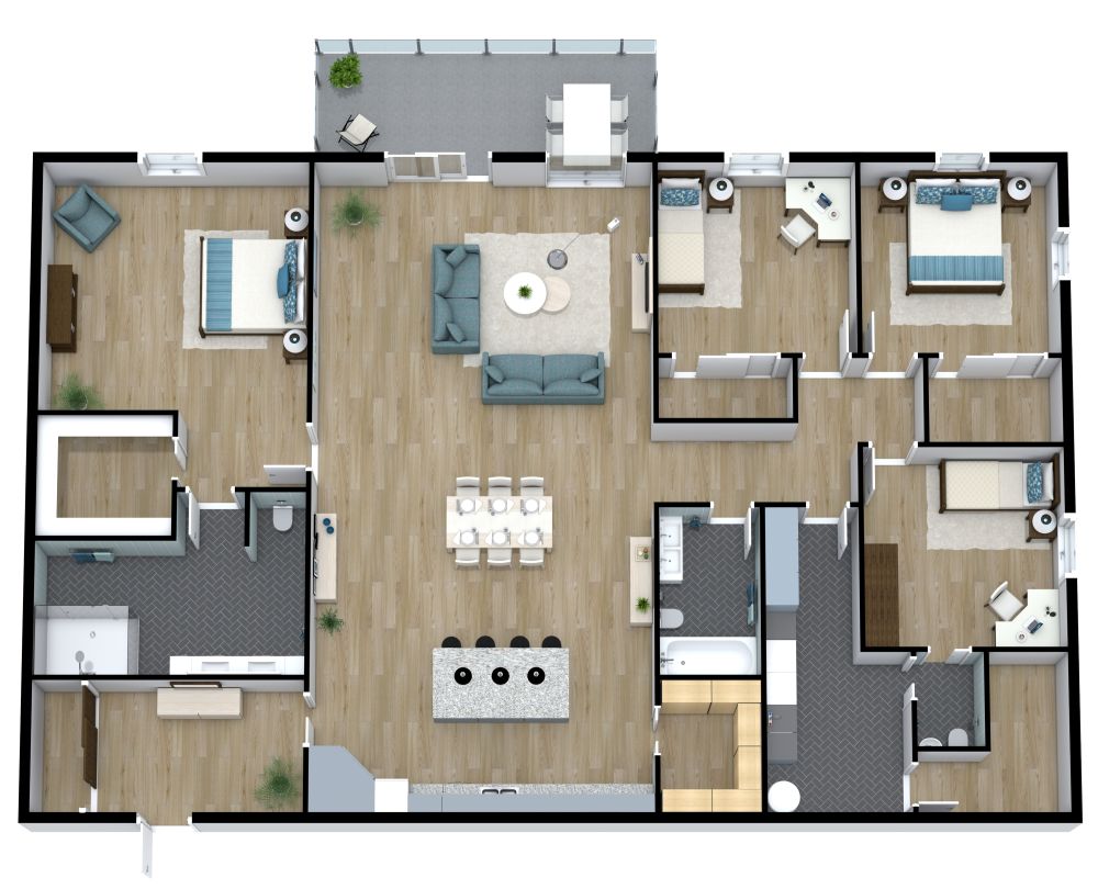 Wohnungsplan mit 4 Schlafzimmern und Balkon