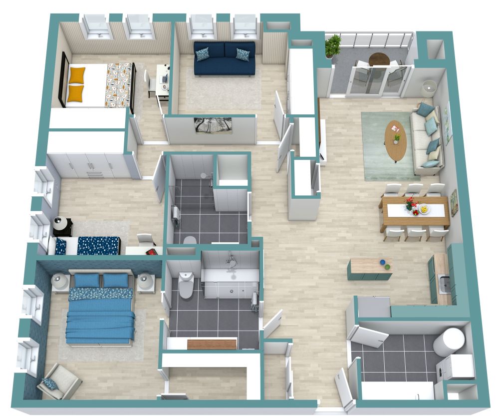 4 Bedroom 2 Bathroom Apartment Plan