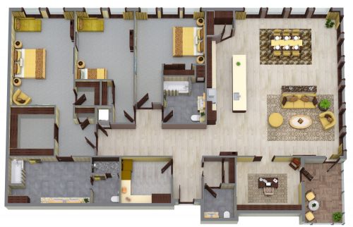 Großer Wohnungsplan mit 3 Schlafzimmern und Büro
