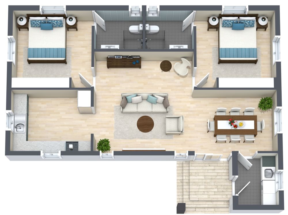 Hausplan mit zwei Schlafzimmern und großer Küche