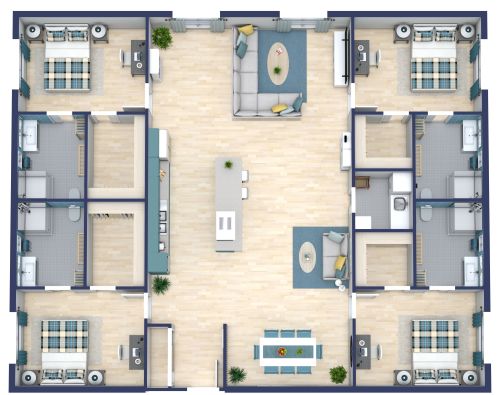 5-Zimmer-Wohnungsgrundriss mit 4 Badezimmern