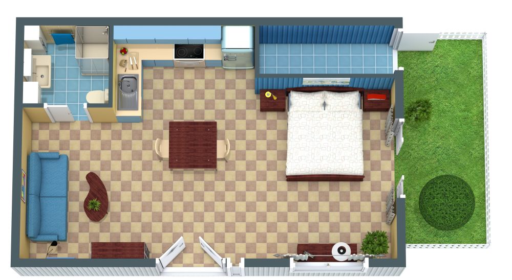 Midcentury Inspired Studio Apartment Layout 3D Floor Plan