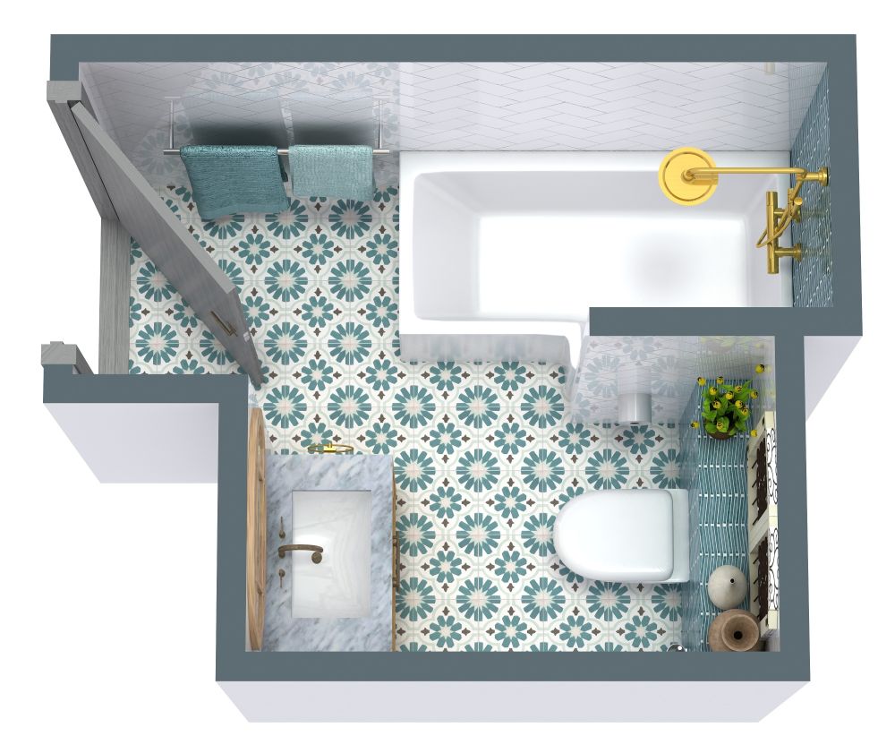 Compact Bathroom with L-shaped Right Hand Shower Bath 3D Plan