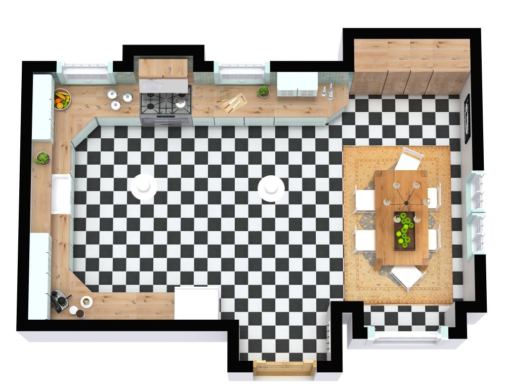 Eat-In U-Shaped Kitchen with Mint Green Cabinets