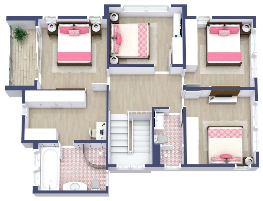 Stylish Five Bedroom Floor Plan With Pink Details, First Floor