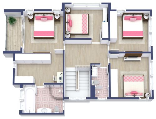 Stylish Five Bedroom Floor Plan With Pink Details