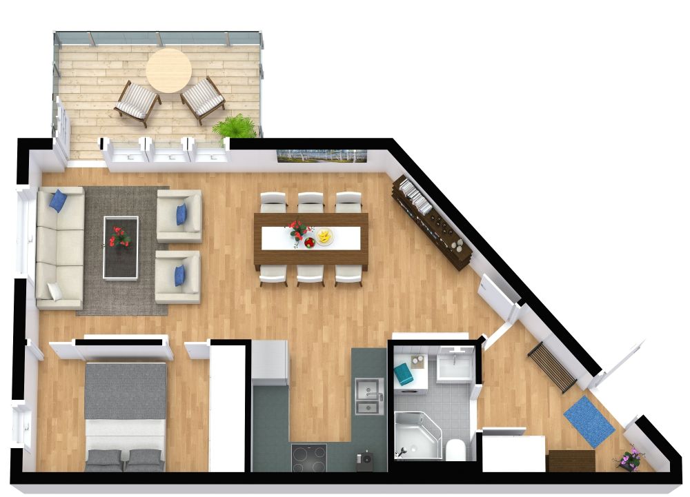 Grundriss für eine 2-Zimmer-Wohnung mit spitzem Winkel