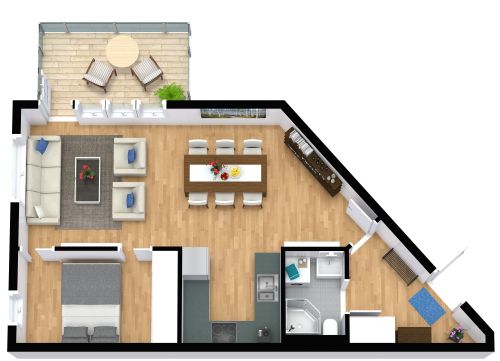 Grundriss für eine 2-Zimmer-Wohnung mit spitzem Winkel