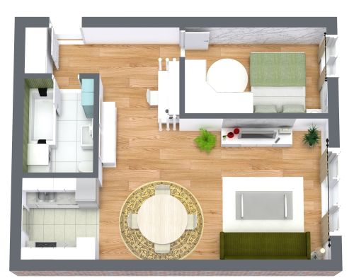 Grundriss für eine 2-Zimmer-Wohnung mit Galeerenküche