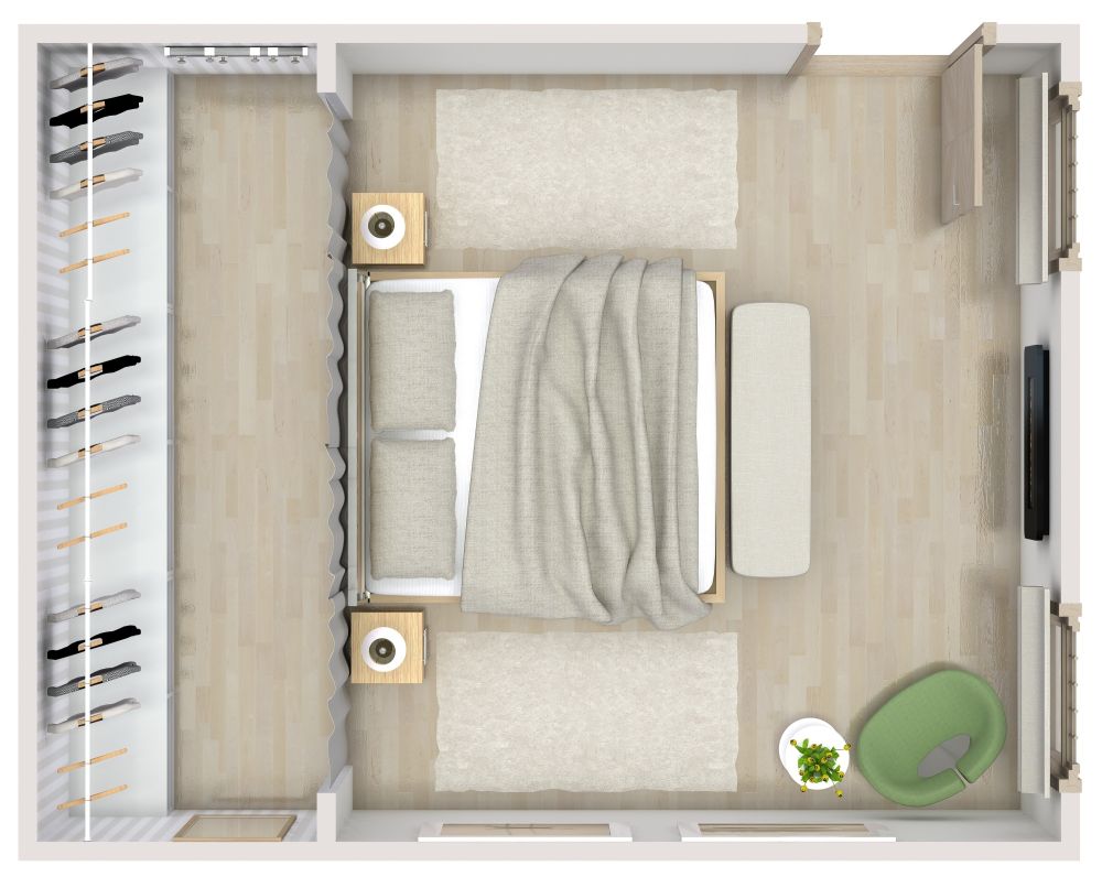 Schlafzimmer-Layout mit neutralem Farbschema