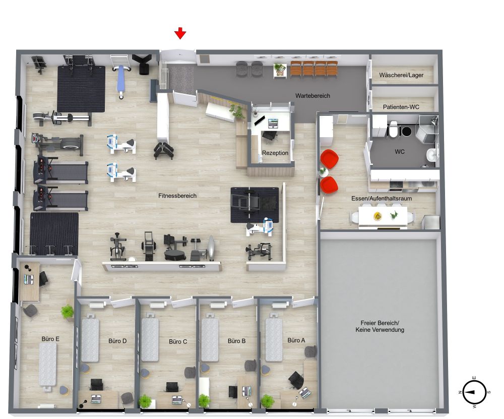 Grundriss für ein Fitnessstudio mit Behandlungsräumen