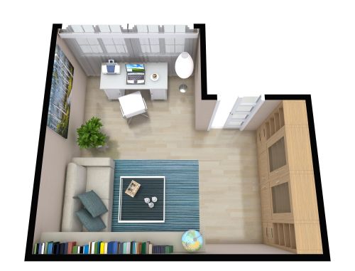 Modernes, gemütliches Arbeitszimmer mit einem Hauch von Blau