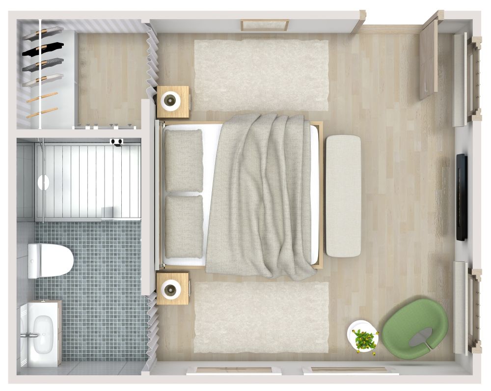 Grundriss für ein Hotelzimmer mit neutralen Farben