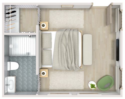 Grundriss für ein Hotelzimmer mit neutralen Farben