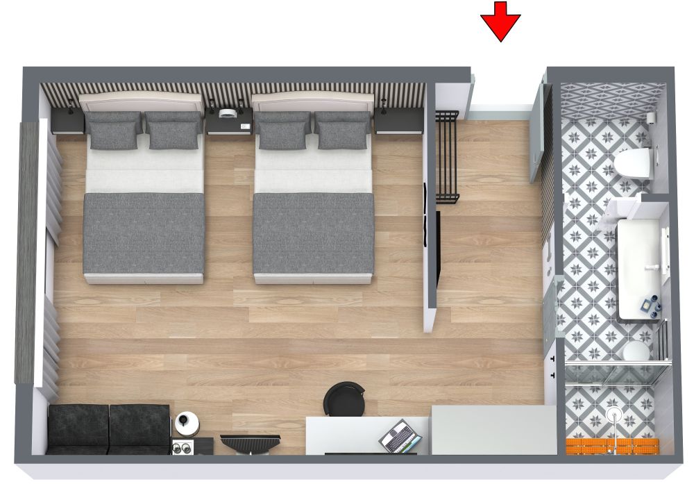 Grundriss für ein Luxus-Hotelzimmer mit Einzelbetten