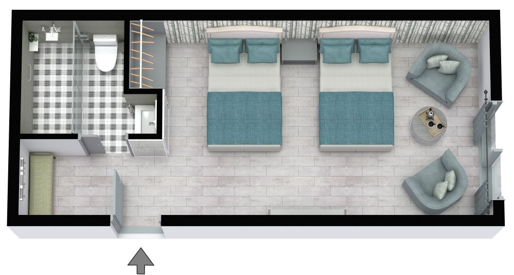 Grundriss für ein geräumiges Hotelzimmer mit Einzelbetten