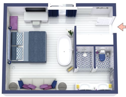 Grundriss für ein blaues Boutique-Hotelzimmer