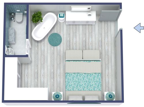 Grundriss für ein stylisches, griechisch-inspiriertes Hotelzimmer