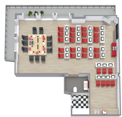 Platzsparendes Großraumbüro mit Außenbereich