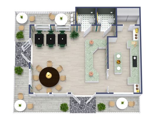 Grundriss für ein entzückendes und intimes Restaurant mit Außenbereich